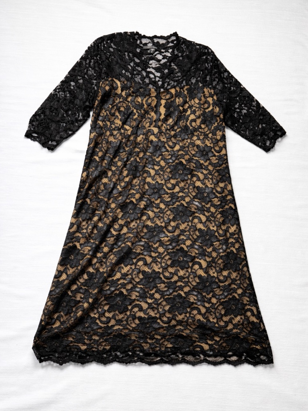 Karen Kane Black Lace Dress Size 1X‎ Nude Lined V-Neck Cocktail Dress